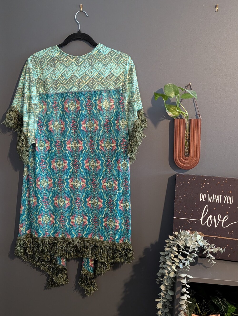Maaji Swim Coverup Teal and Olive Boho Fringe Kimono - Picture 2 of 6
